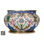 A Russian silver gilt and cloisonne enamelled small bowl decorated with pink and blue flower heads