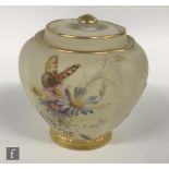 A Royal Worcester vase and cover decorated with a butterfly and a cricket, on a spray of meadow