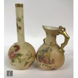 A Royal Worcester jug of quatrelobed form with rustic handle, decroated with floral sprays to the