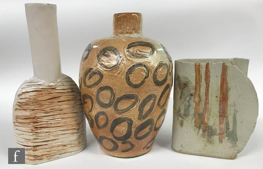 A collection of later 20th Century studio pottery by Barbara Watkins comprising an ovoid vase with