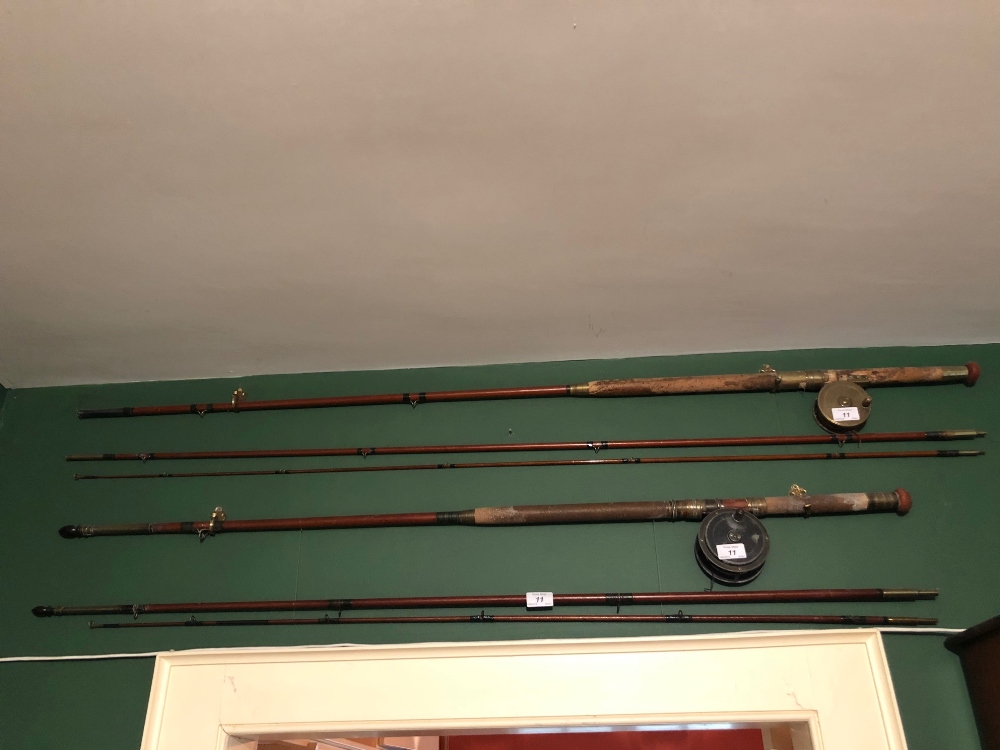 Two large late 19th Century three part Fishing Rods, with reels, and another large reel, - Image 3 of 9