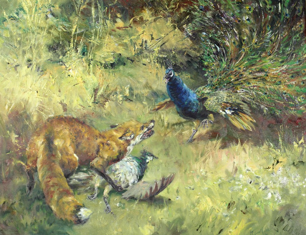 Michael Lyne, British (1912 - 1989) "Fox and Peacocks," O.O.C.