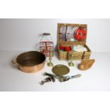 A large two handled Copper Preserving Pan, a Picnic Basket, a pair of brass Candlesticks,