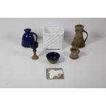 A large collection of modern ceramic Cups, Bowls, Teapots, etc., and other kitchenware, a shelf.