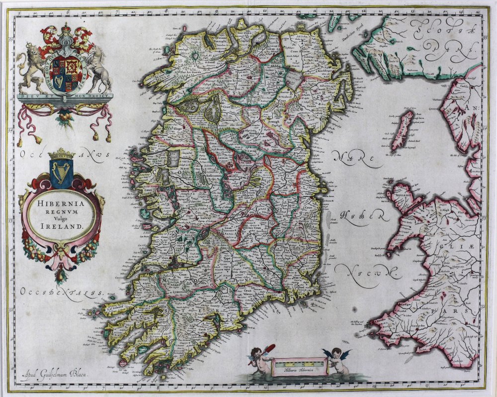 Map: Blaeu (Wm.) Hibernia Regnum Vulgo Ireland, c. 1635, hd. coloured copper engraving, approx.