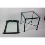 A pair of modern square green painted metal, glass topped Tables,