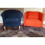 A pair of stainless steel red covered modern Chairs, together with a blue covered modern Chair.