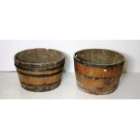 Two large wooden steel bound Half Barrel Fuel Bins, approx. 26" diameter.