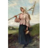 19th Century English School "Peasant Girl standing in an extensive landscape holding a hay rake on