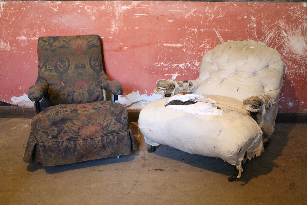 An early Victorian walnut Easy Armchair, with deep buttoned back,