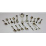 A set of 11 silver Tea Spoons, 2 antique silver Butter Knives, a silver Serving Spoon,