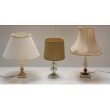 A heavy marble Lamp, with cream shade, a marble and ormolu Table Lamp, and a glass Table Lamp.