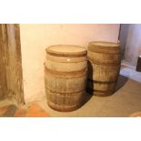 Two large antique steel bound oak Barrels, and a steel bound Box inscribed "Dennis.