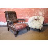 A large carved Victorian mahogany Armchair, with deep buttoned back,
