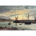 Late 19th Century English School "Harbour Scene with Shipping and with Figure in Sailboat in