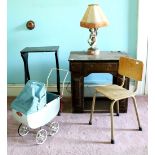 A Children's kneehole Desk, a chair, a part lacquered table rest, a painted towel rail,