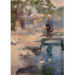 Mary Rose Hill Burton, Scottish (1857 - 1900) "Japanese Lady Feeding Ducks," watercolour, approx.