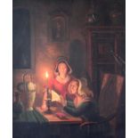 Guillaume Thans (1816 - c. 1855) "A Candle lit Interior," with two woman reading a letter, O.O.P.