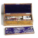 A good quality Victorian figured walnut and brass bound cased Surveyors Set of drawing and painting