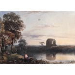 19th Century English School Watercolour, "Castle Ruins by a River with Figure and Goats," approx.