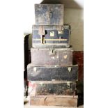 Seven old tin Travel Trunks & Deed Boxes, some with names on brass plaques etc.