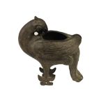 An early heavy Chinese bronze Censor, possibly Archaic, modelled as a bird with engraved decoration,