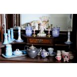 Porcelain: A varied collection of Copeland Blue and White; a Meissen Statue, Limoges Cups & Saucers,
