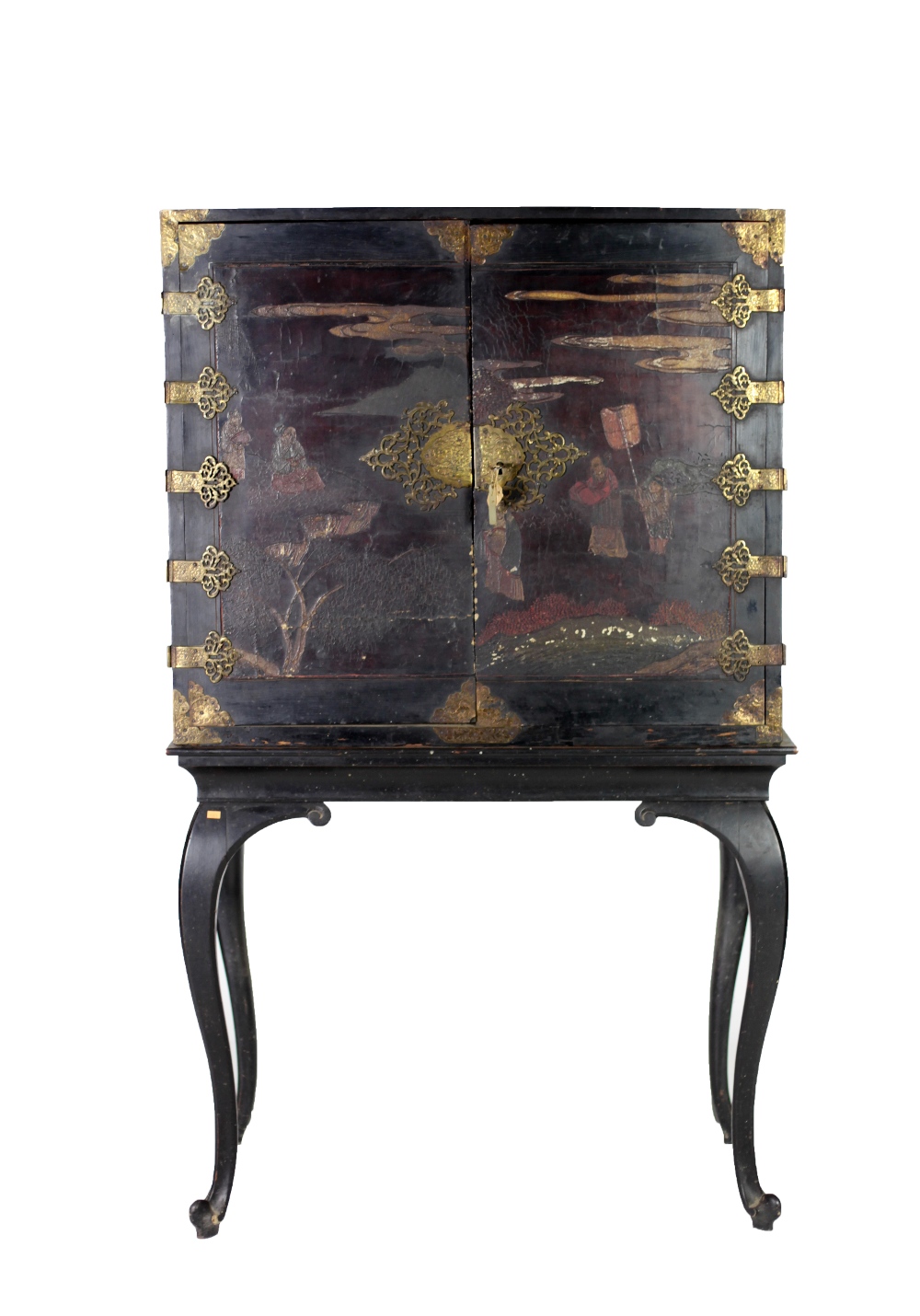 A 19th Century Chinese lacquered Cabinet on Stand, with ornate brass mounts and hinges,