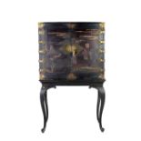 A 19th Century Chinese lacquered Cabinet on Stand, with ornate brass mounts and hinges,