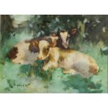 David Gauld, RSA (1865-1936) Watercolour, "Calves," showing two young calves resting in the shade,