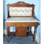 A marble top oak Dressing Table, with tile inset back,