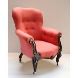 A carved Victorian walnut Armchair, covered in pink fabric on front cabriole legs.