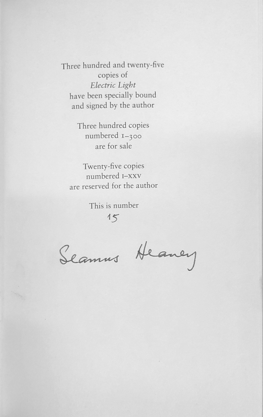 Heaney (Seamus) Electric Light, L. 2001. First Limited Edn., No.