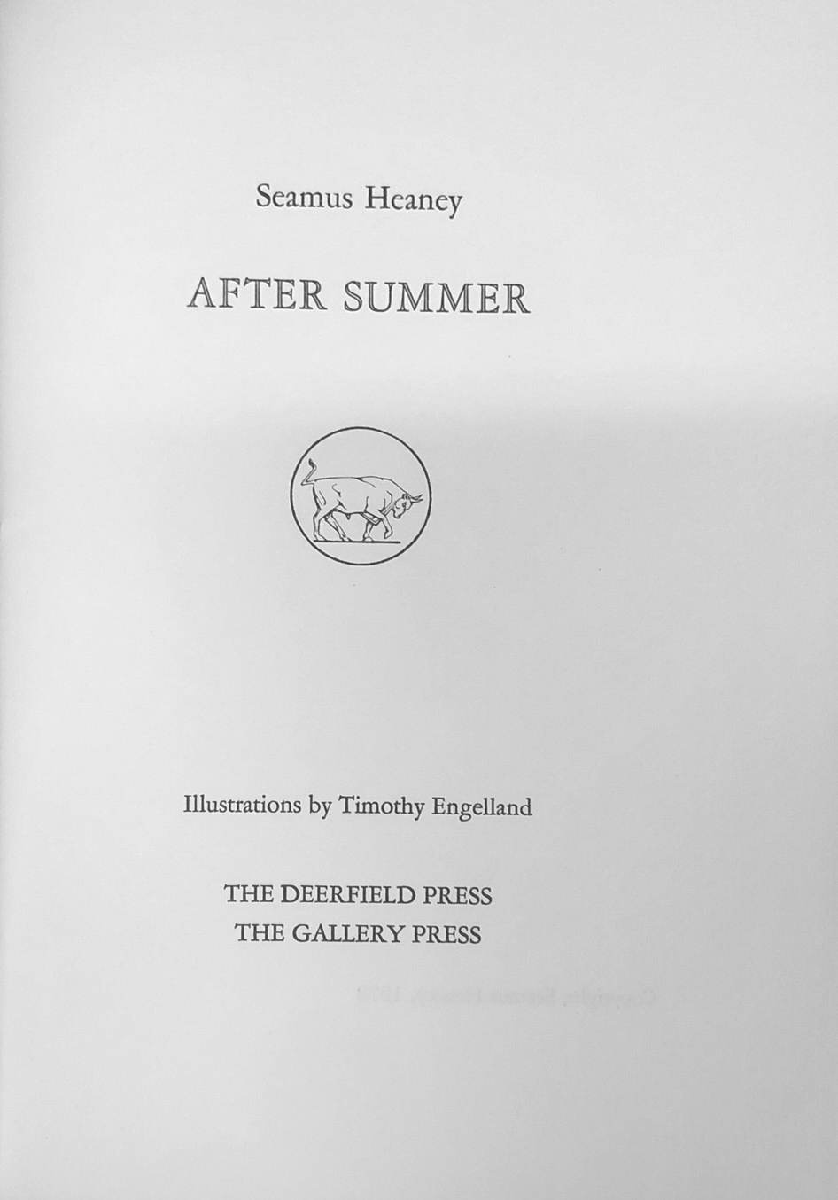 Heaney (Seamus) After Summer, roy 8vo Deerfield and Gallery Press 1978. Limited Edn.