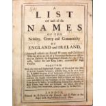 Pamphlet: A List of Such of the Names of the Nobility, Gentry and Commalty of England and Ireland,