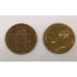 Coins: Gold Sovereigns, two shield back full Sovereigns, Georgian 1830 and Victorian 1870,