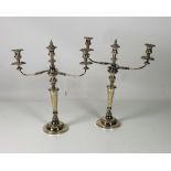 A pair of attractive heavy three branch Victorian period silver plated Candelabra, each approx.