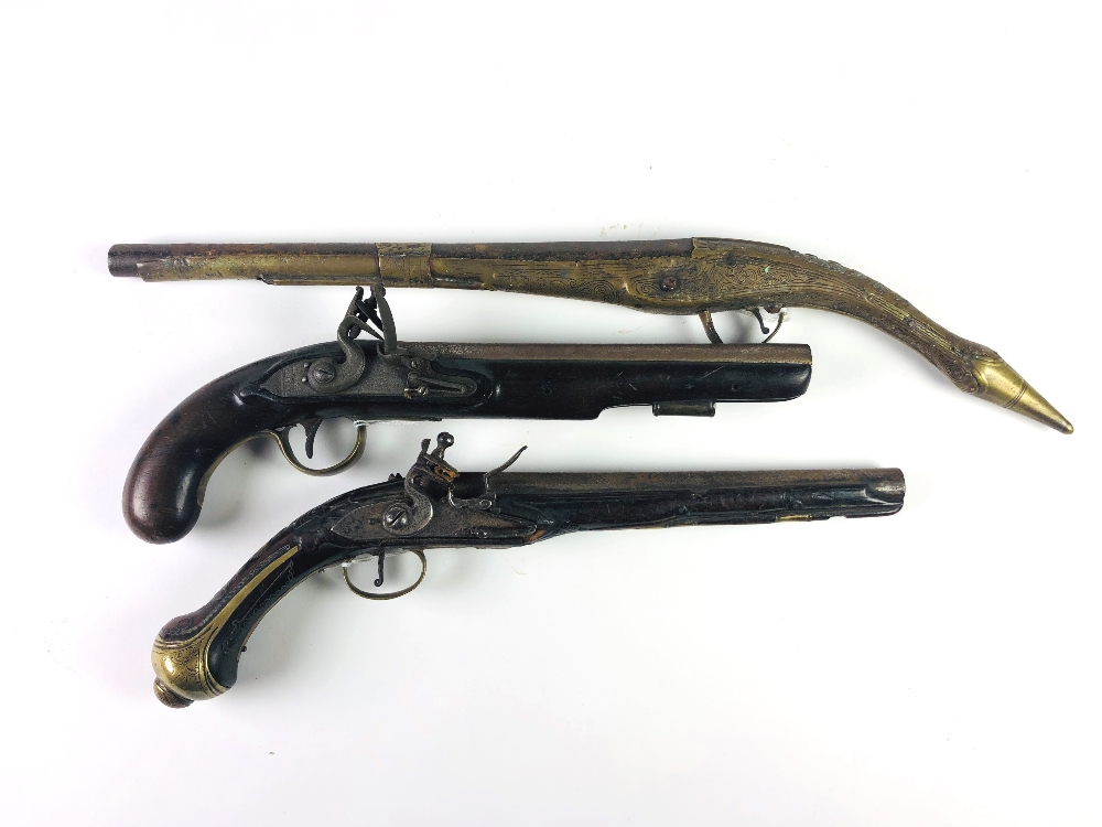 Three antique flintlock Pistols, one with inset and decorative handle, the other plain, - Image 4 of 10