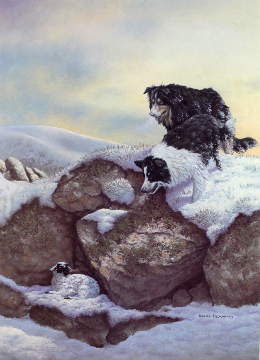 After Nigel Hemming A coloured print, "Lost," depicting dogs finding stray lamb, Limited Edition,
