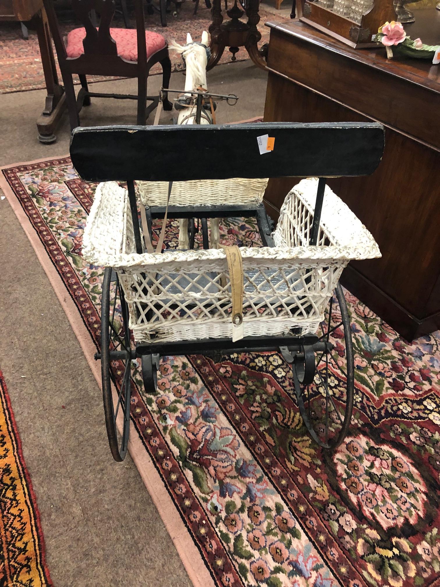 An Edwardian period wicker work and wrought iron framed Child's Horse Tricycle Carriage, - Image 7 of 10