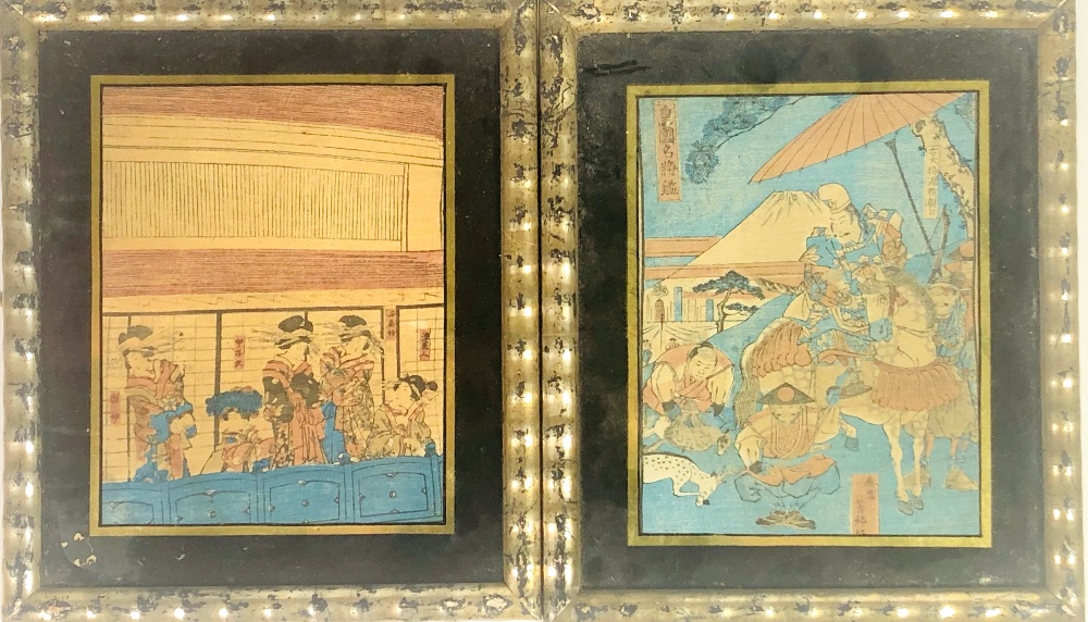A set of 6 attractive Japanese Woodcuts on silk, depicting varied typical scenes in native costume,