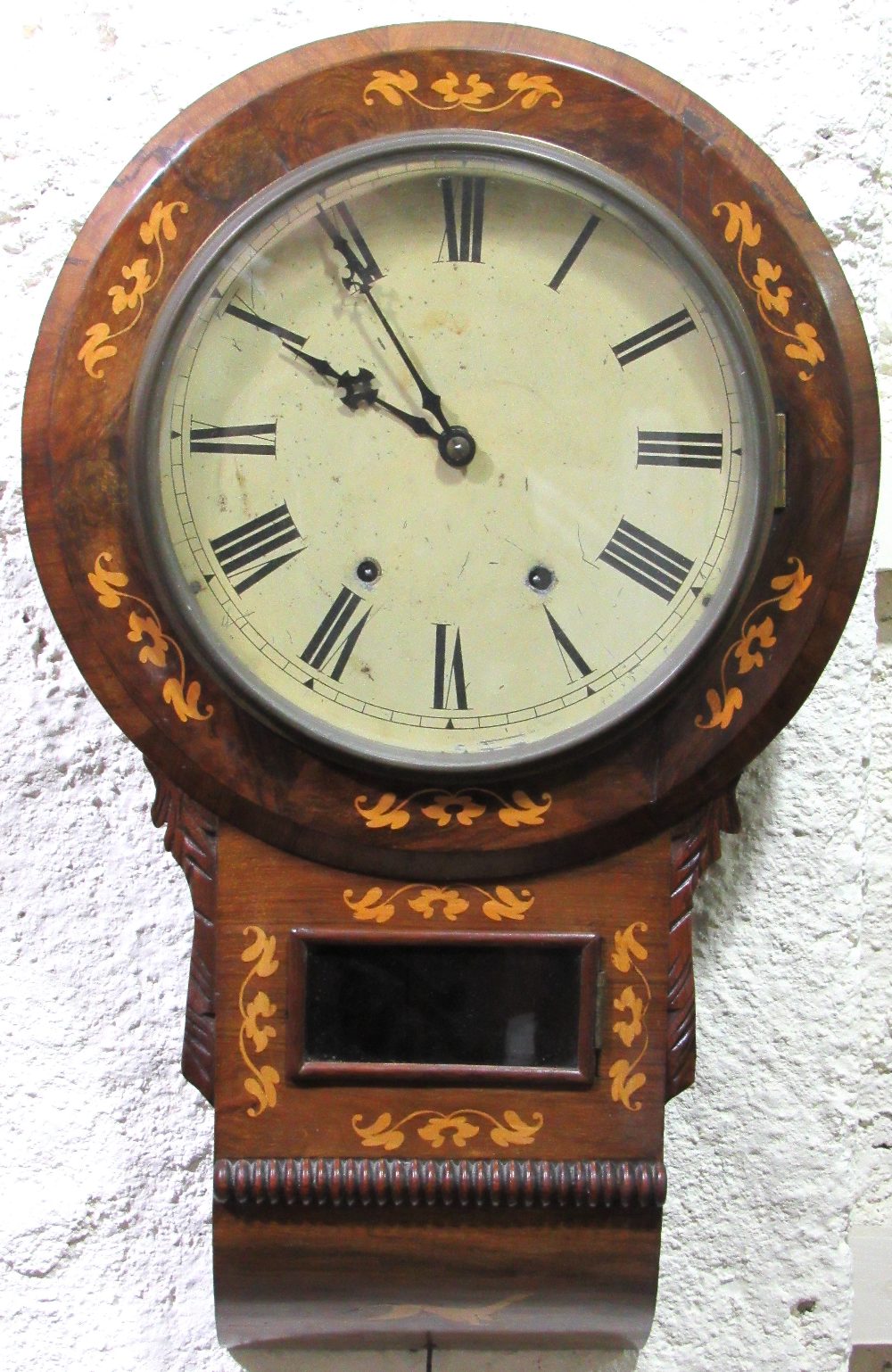 A Victorian inlaid walnut Wall Clock, with circular painted dial.
