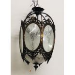 An attractive and unusual Victorian style hexagonal brass and etched glass Hall Lantern,