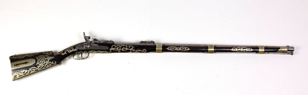 An extremely fine quality Victorian brass inlaid long barrel flintlock Musket,