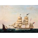 19th Century French School An attractive Sailing picture with three masted ships in foreground