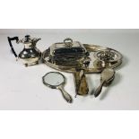Plateware: A large pierced oval plated Serving Tray, Teapot, Dishes and Brush Set, as a lot, w.a.f.