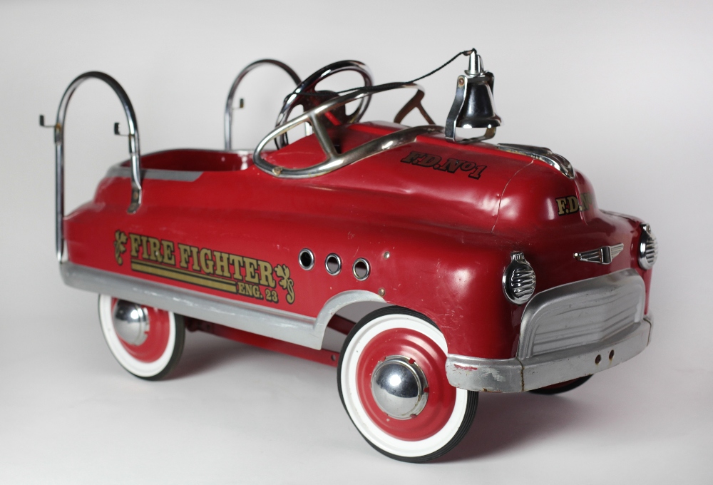 A Dexton Fire Fighter Comet Sedan peddle Chair, FD1, Fire Fighter Engine 23, painted red with bell.