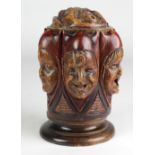 A 19th Century antique carved wooden Tobacco Box, with children's "6 faces" and lid.