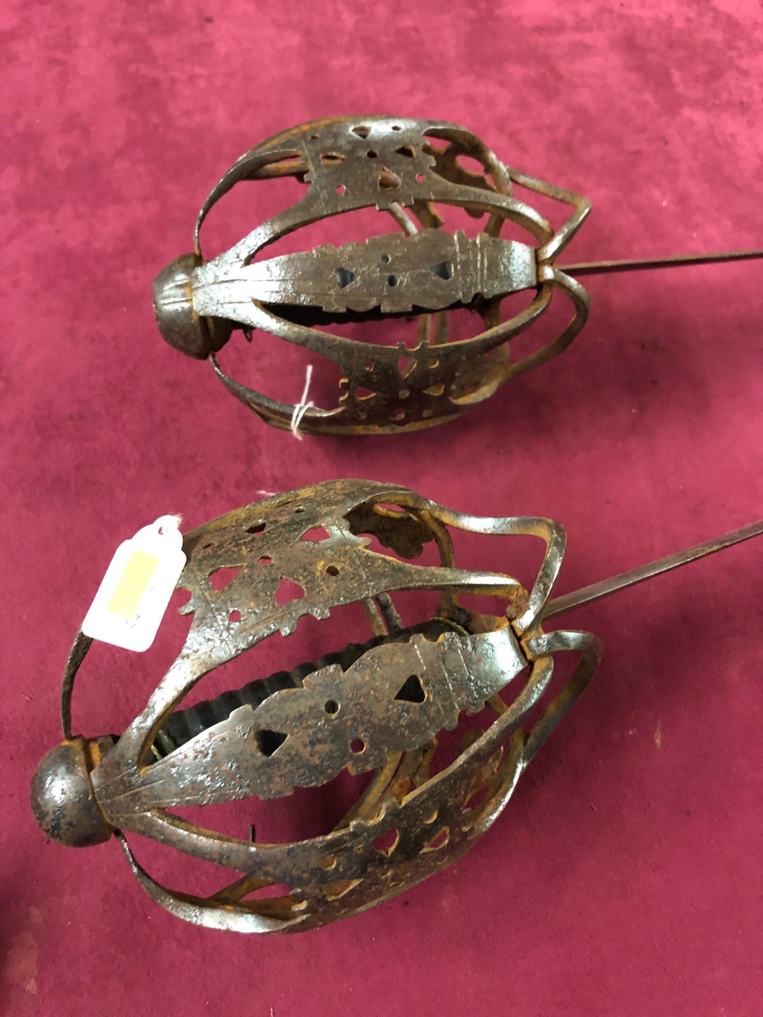 A rare almost matching pair of 17th Century Italian basket hilted Broadswords, with c. - Image 11 of 20