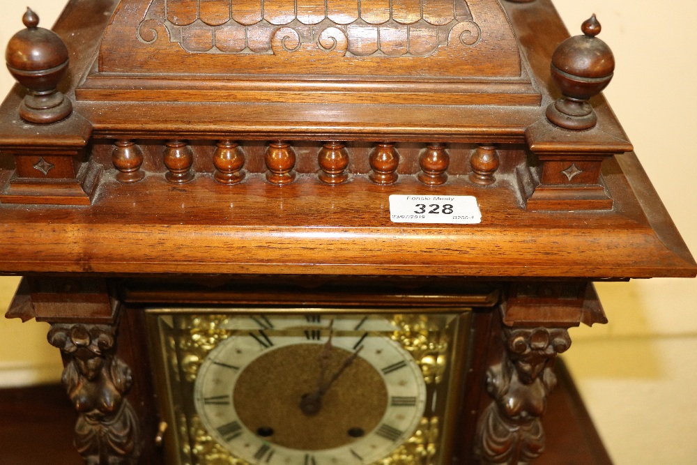 An Edwardian carved walnut Mantle Clock, the square brass dial with silver chapter ring, - Image 2 of 8